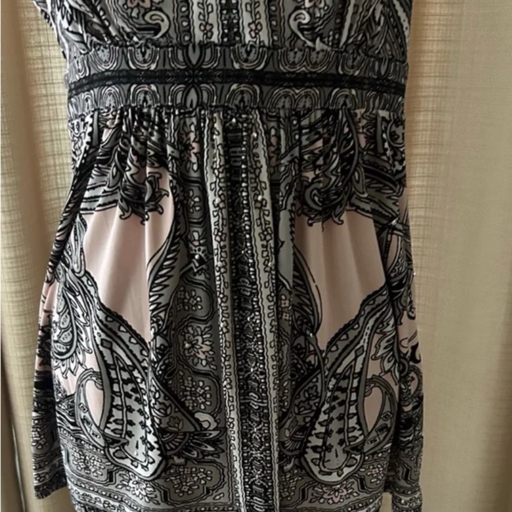 INC International Concepts Black and Cream Patterned Top - Picture 3 of 4
